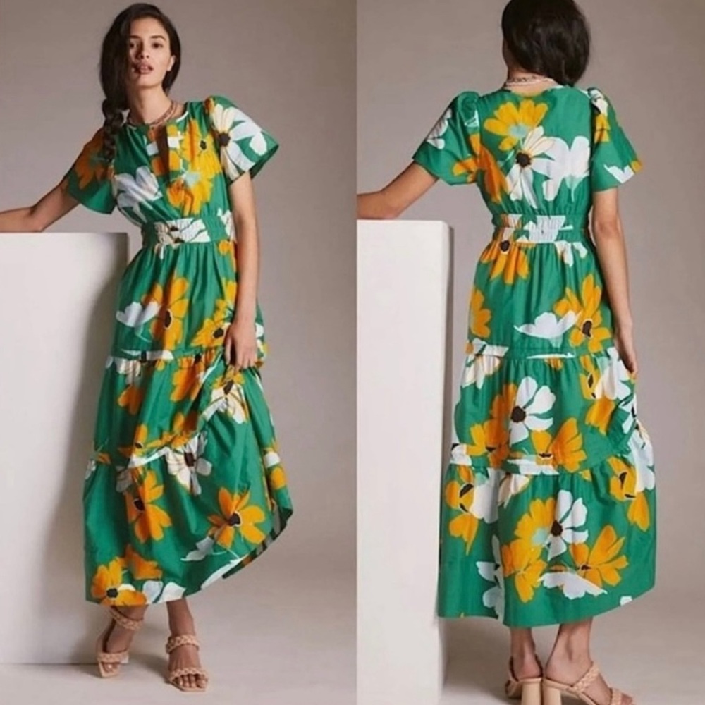 Anthropologie Emerald Green Floral Tiered Maxi Dress